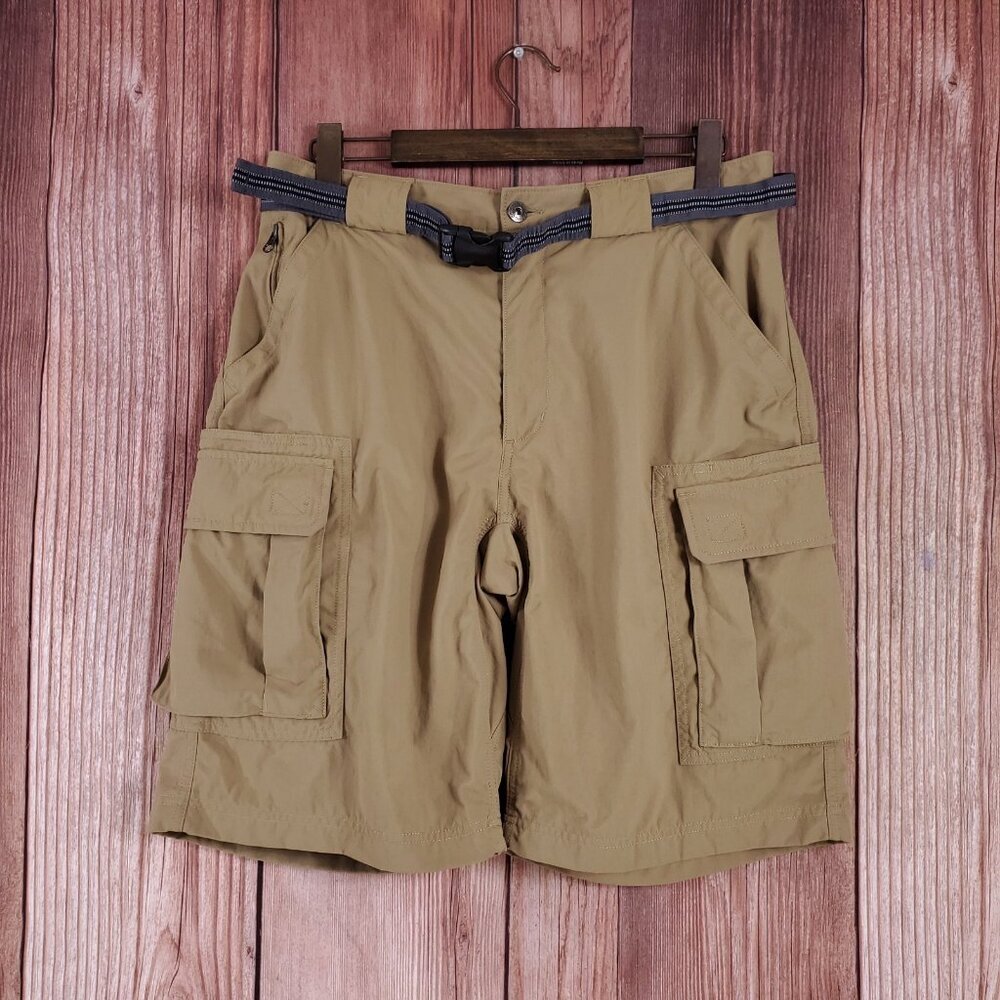 Duluth Trading Co Mens Size Large Dry on the Fly Cargo Shorts Belted Tan Nylon